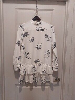 "Front Row Shop" White Hand-Print Long Sleeve Ruffled Peplum Mini Dress Size: L